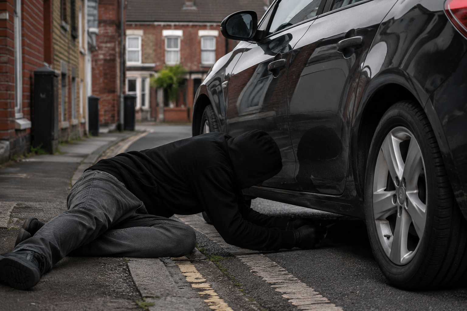 A person reaching beneath a parked car, illustrating concerns about hidden vehicle trackers