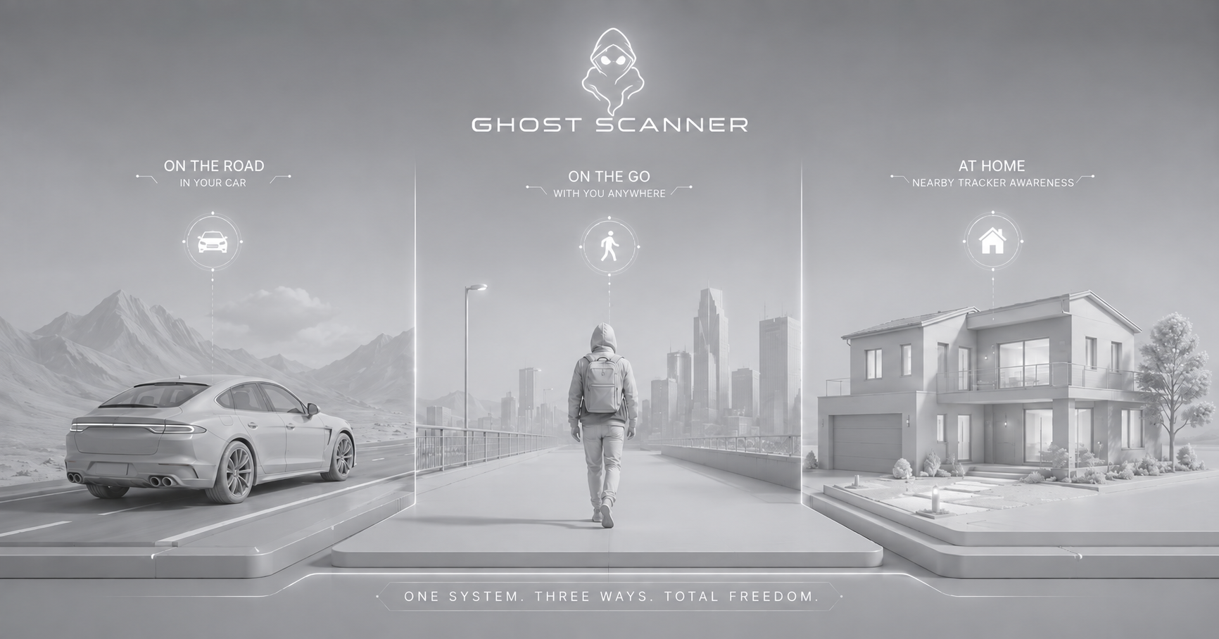Ghost Scanner artwork showing use in a car, on the go and nearby tracker awareness at home